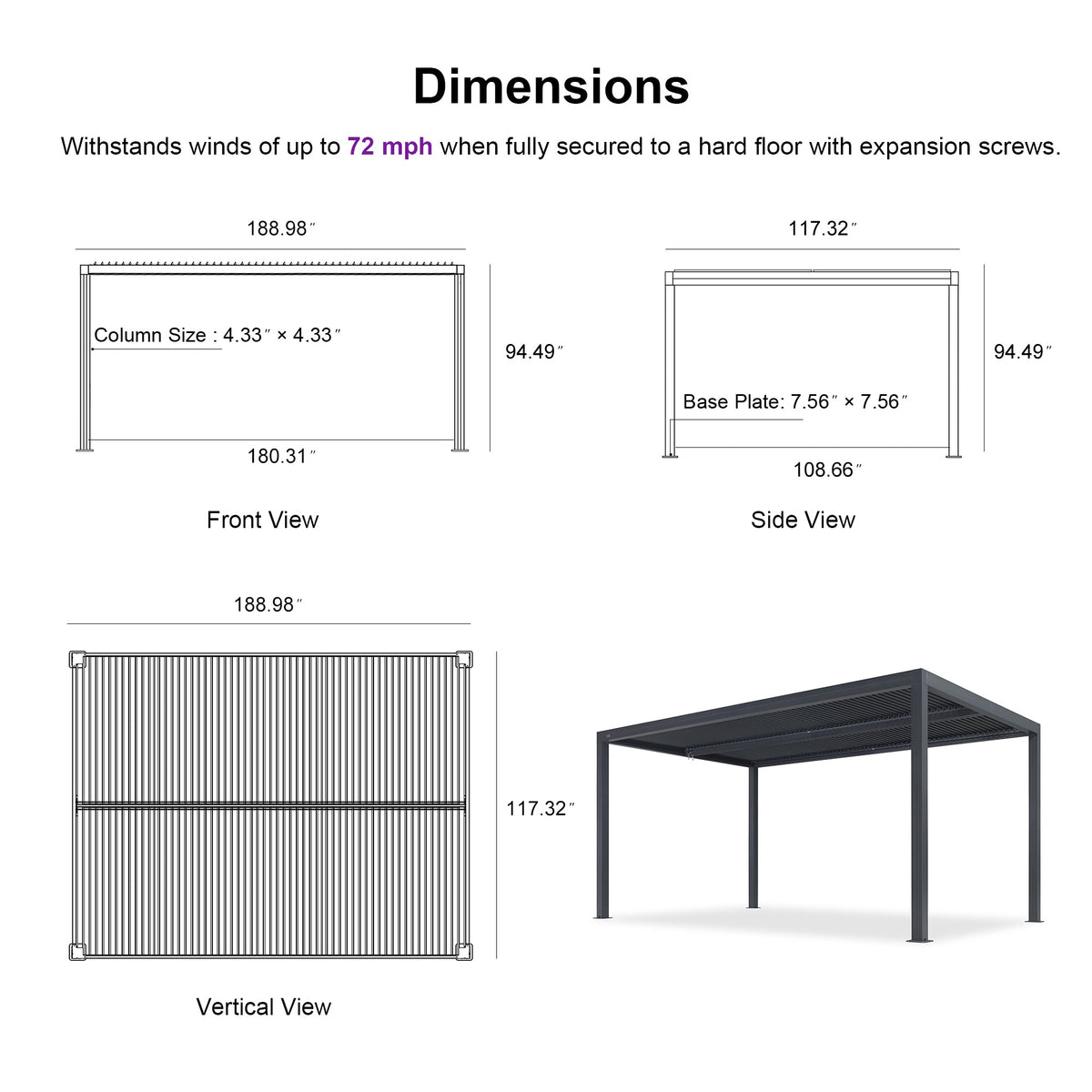 PURPLE LEAF Athena Louvered Pergola Grey Outdoor Aluminum Pergola with Shutter Wall Adjustable Gazebo Rainproof for Patio Deck Garden
