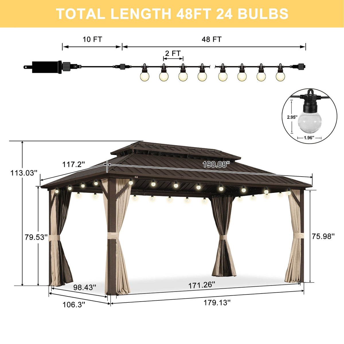 PURPLE LEAF Hardtop Gazebo Featuring Galvanized Steel Double Roof and Bronze Aluminum Frame with Curtains and Netting for Poolside with Lights-clear