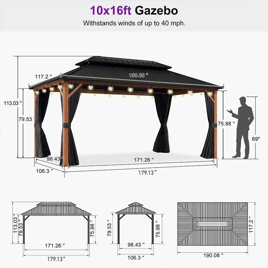 PURPLE LEAF Metal Gazebo Double Roof Wood Grain Aluminum Frame with Curtains and Netting with Lights-clear