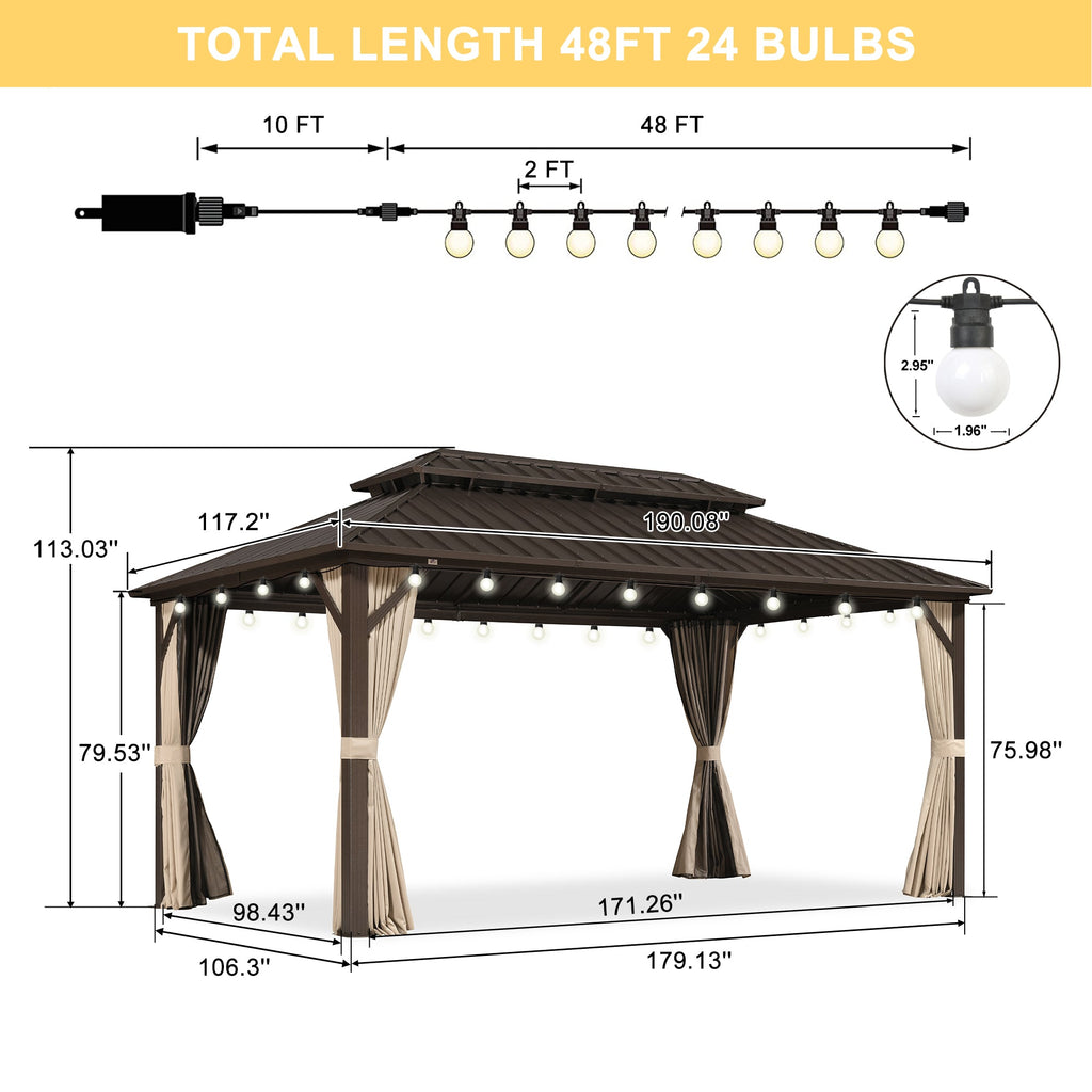PURPLE LEAF Hardtop Gazebo Featuring Galvanized Steel Double Roof and Bronze Aluminum Frame with Curtains and Netting for Backyard with Lights-milky