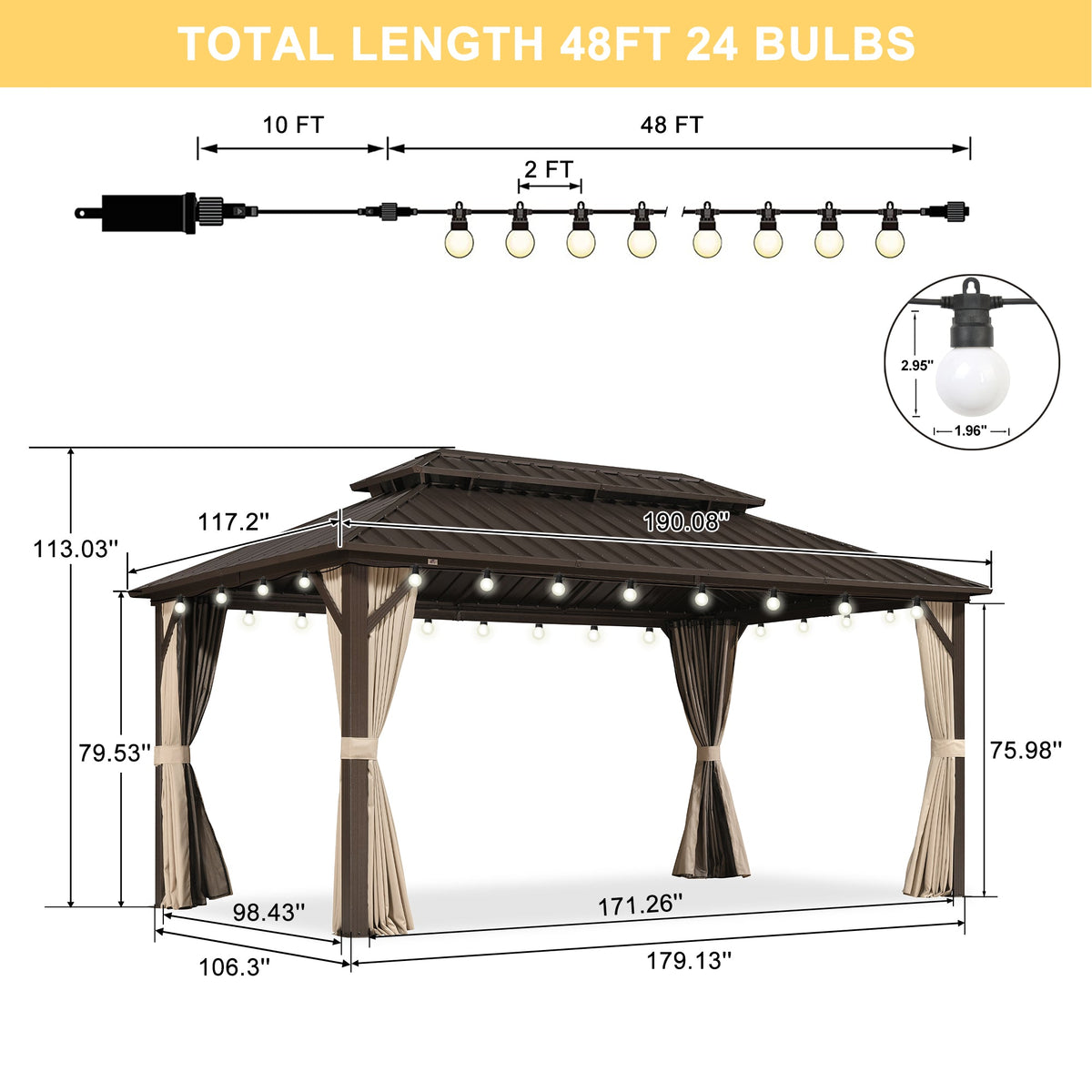 PURPLE LEAF Hardtop Gazebo Featuring Galvanized Steel Double Roof and Bronze Aluminum Frame with Curtains and Netting for Backyard with Lights-milky