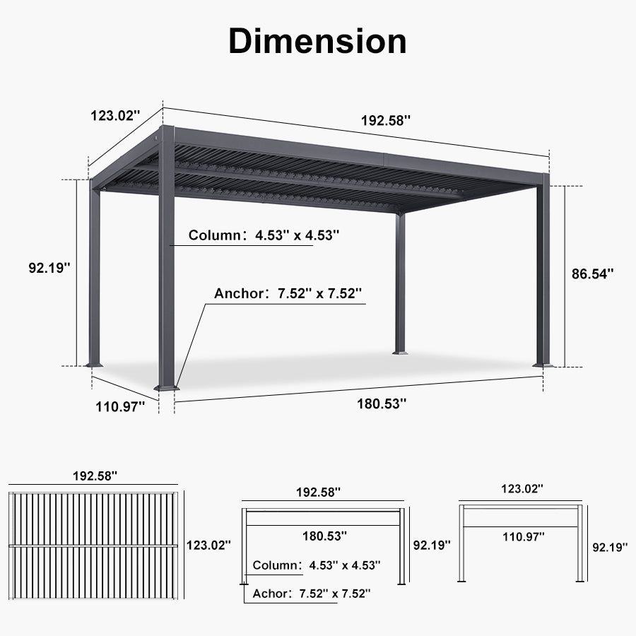 PURPLE LEAF Caesar Solar Louvered Pergola with LED Strip Lights and Control Panel Aluminum Outdoor Pergola with Adjustable Roof for Patio Deck Garden Yard Gray