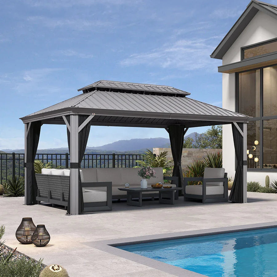 PURPLE LEAF Patio Gazebo for Pool Light Grey Hardtop Galvanized Steel Roof with Upgraded Curtains