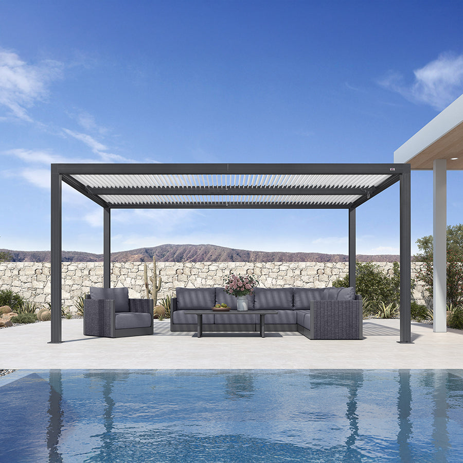PURPLE LEAF Athena Louvered Pergola Modern Grey Pergola White Roof with Sanori Patio Couch Set Modular Sofas for Deck Backyard Garden