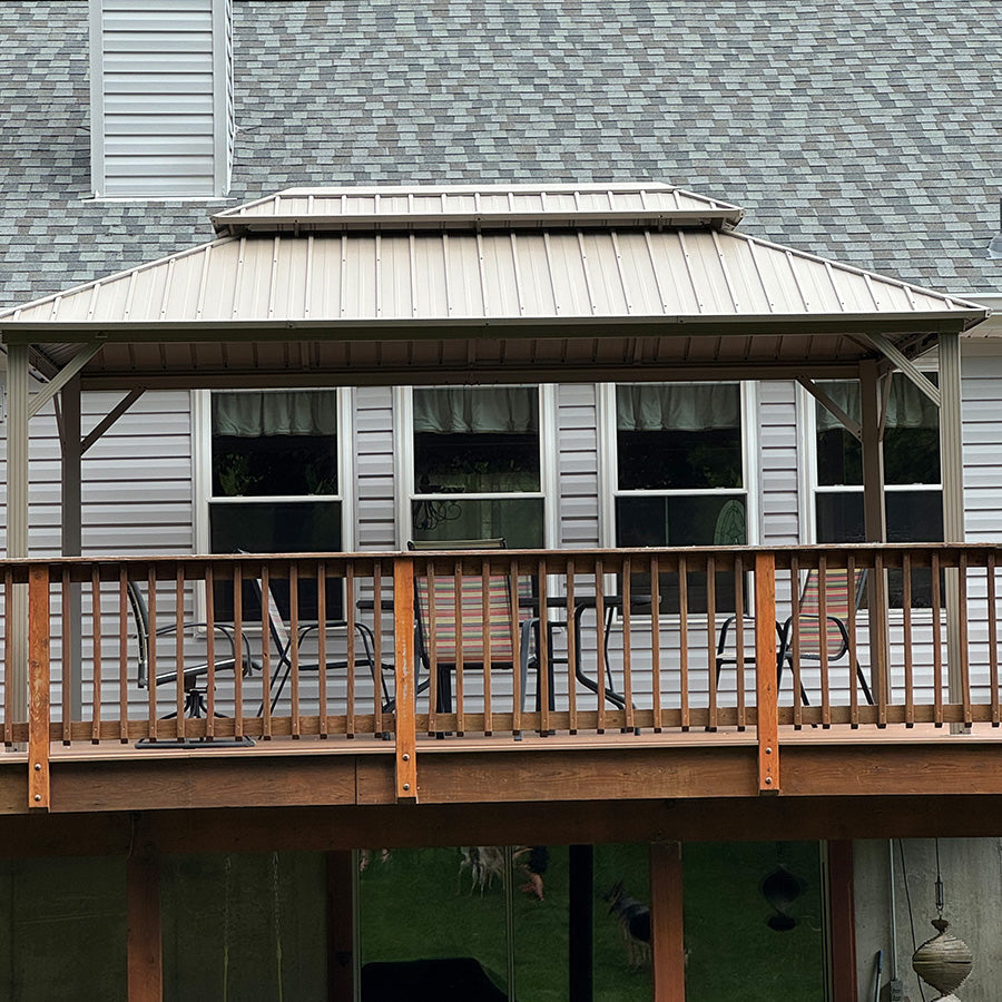 PURPLE LEAF Deck Gazebo Champagne Hardtop Metal Frame Double Roof with Curtains and Netting with Lights-clear