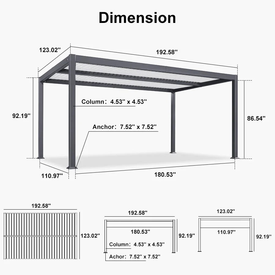 PURPLE LEAF Caesar Outdoor Louvered Pergola Patio Sun Shade Shelter with Adjustable Hardtop Patio Pergola Gray Frame White Roof