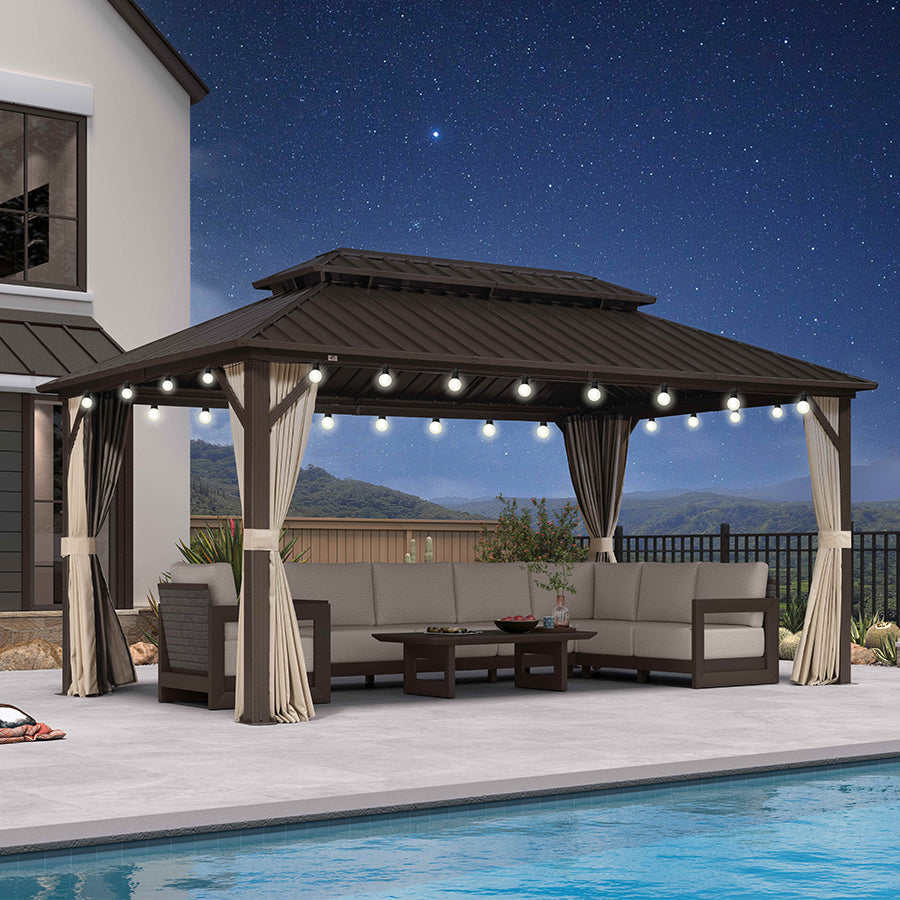 PURPLE LEAF Hardtop Gazebo Featuring Galvanized Steel Double Roof and Bronze Aluminum Frame with Curtains and Netting for Backyard with Lights-milky