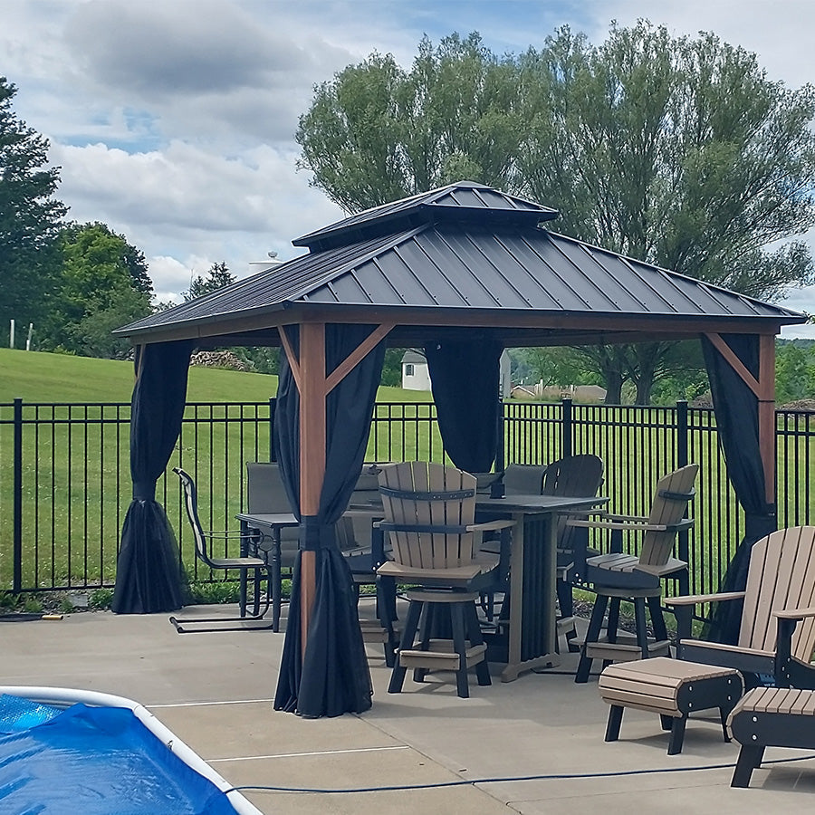 PURPLE LEAF Metal Gazebo Double Roof Wood Grain Aluminum Frame with Curtains and Netting with Lights-clear
