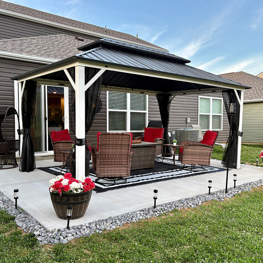PURPLE LEAF Modern Gazebo Grey Hardtop Galvanized Steel Double Roof White Aluminum Poles with Curtains and Netting