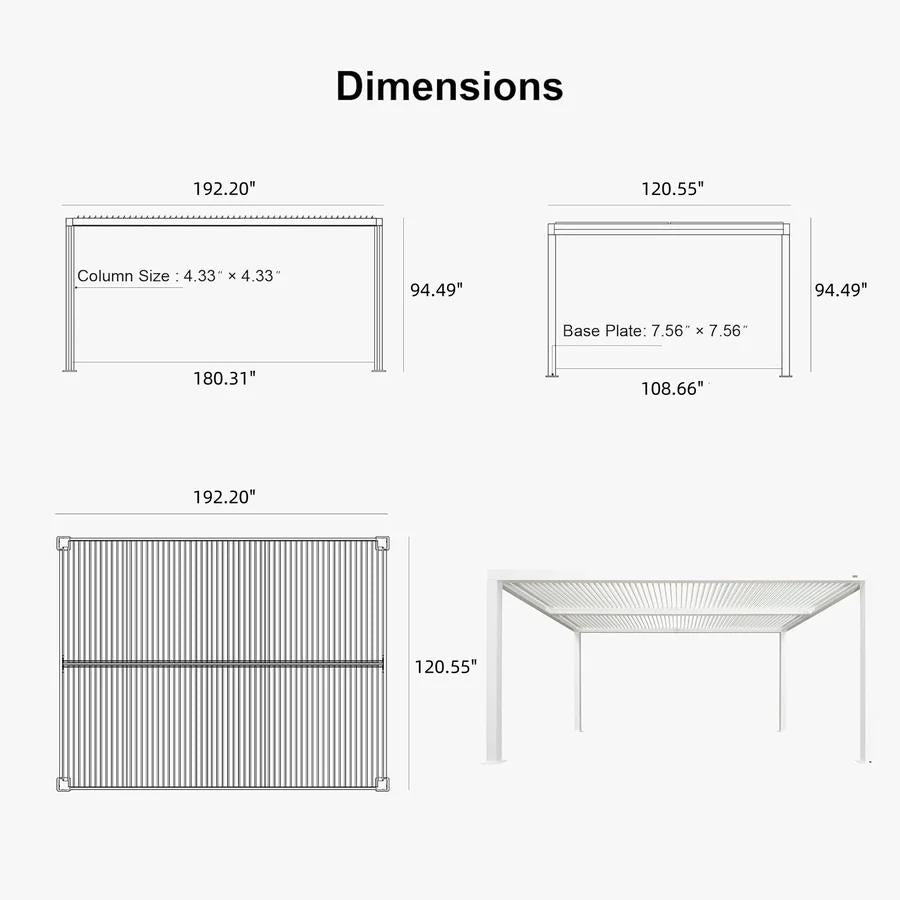 PURPLE LEAF Athena Louvered Pergola White Outdoor Aluminum Pergola with Solid Color Roller Blind Adjustable Gazebo for Patio Deck Garden