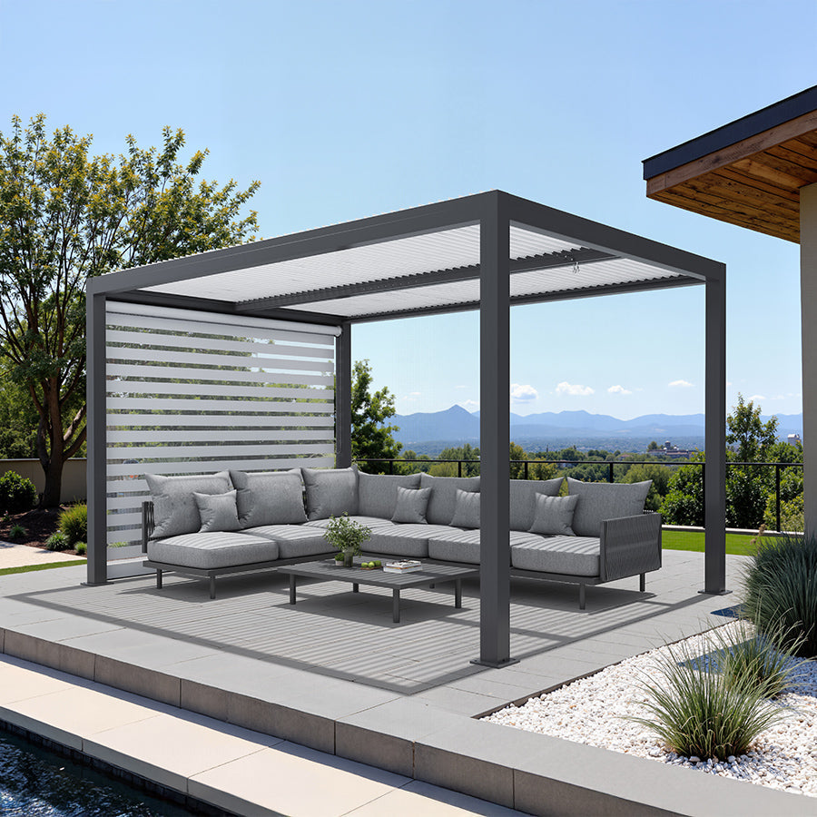 PURPLE LEAF Athena Louvered Pergola Grey Outdoor Aluminum Pergola with Roller Blinds Adjustable Gazebo Rainproof for Patio Deck Garden