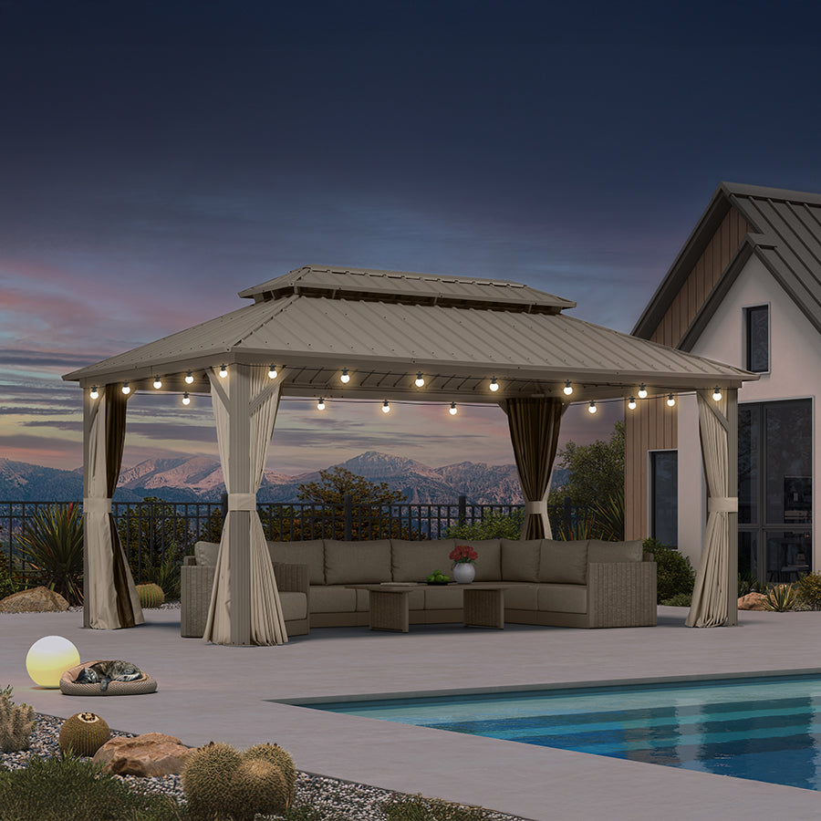 PURPLE LEAF Deck Gazebo Champagne Hardtop Metal Frame Double Roof with Curtains and Netting with Lights-milky