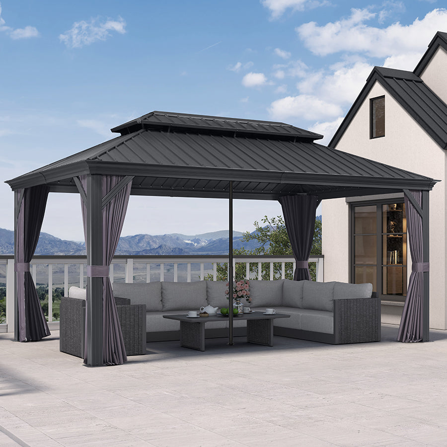 PURPLE LEAF Patio Gazebo for Backyard Grey Hardtop Galvanized Steel Roof Awning with Reinforcement Support Rod