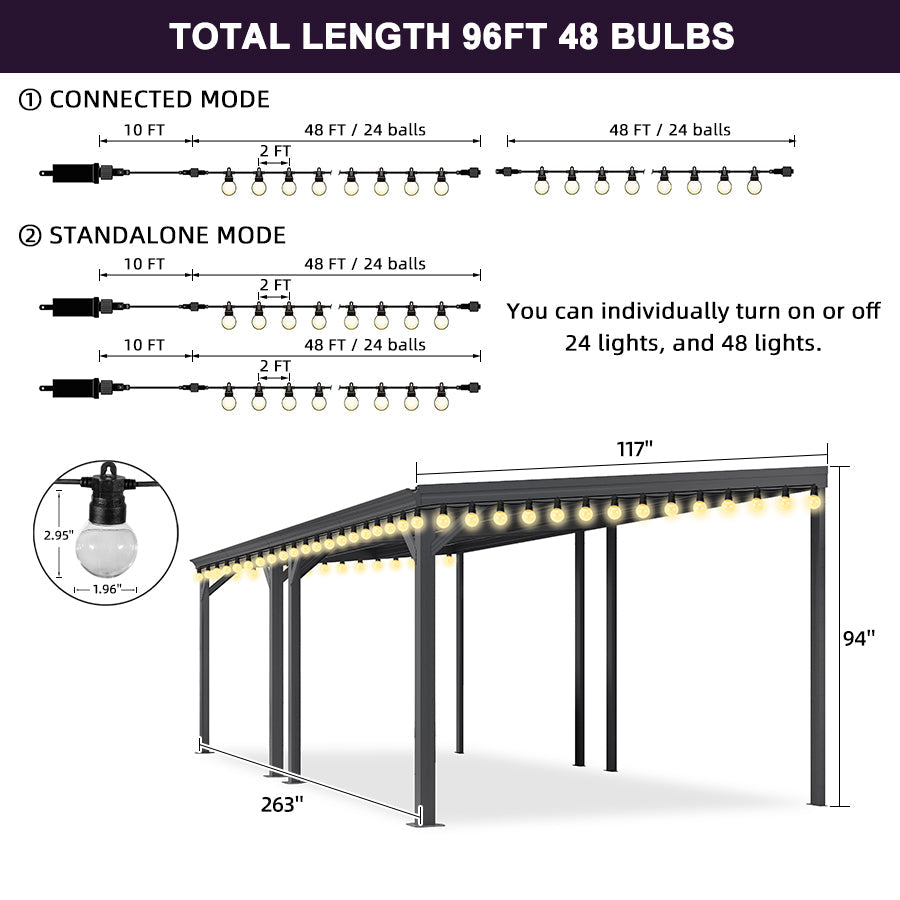 PURPLE LEAF Lean to Gazebo Metal Roof Patio Cover Built-in Drain Slots Wall Mounted Gazebo with Lights-clear for Outdoor Extension
