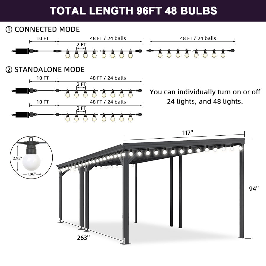 PURPLE LEAF Lean to Gazebo Metal Roof Patio Cover Built-in Drain Slots Wall Mounted Gazebo with Lights-milky for Outdoor Extension