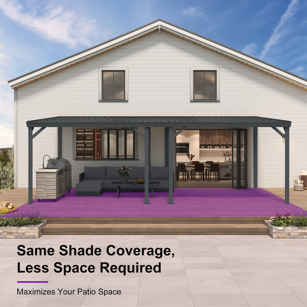 PURPLE LEAF Lean to Gazebo Metal Roof Patio Cover Built-in Drain Slots Wall Mounted Gazebo with Lights-clear for Outdoor Extension