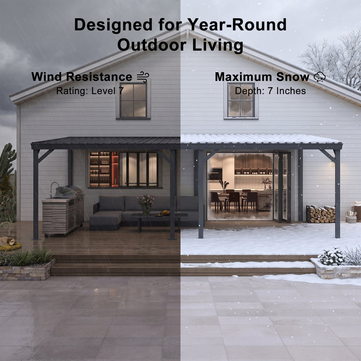 PURPLE LEAF Lean to Gazebo Metal Roof Patio Cover Built-in Drain Slots Wall Mounted Gazebo with Lights-clear for Outdoor Extension