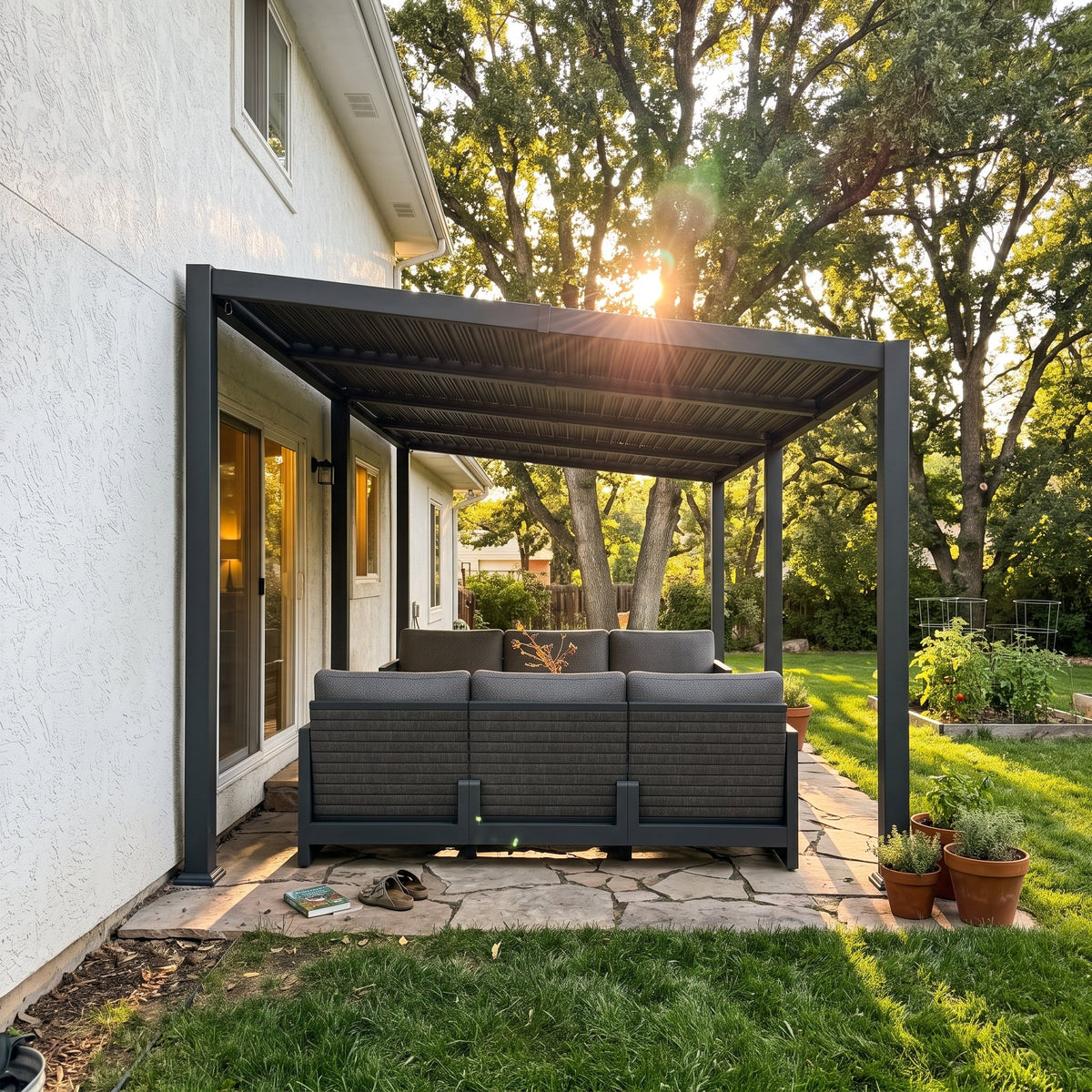 PURPLE LEAF Caesar Hardtop Louvered Pergola with LED String Lights, Slanted Roof Outdoor Aluminum Pergola with Adjustable Rainproof Louvers,Freestanding Patio Gazebo for Backyard Deck, Gray