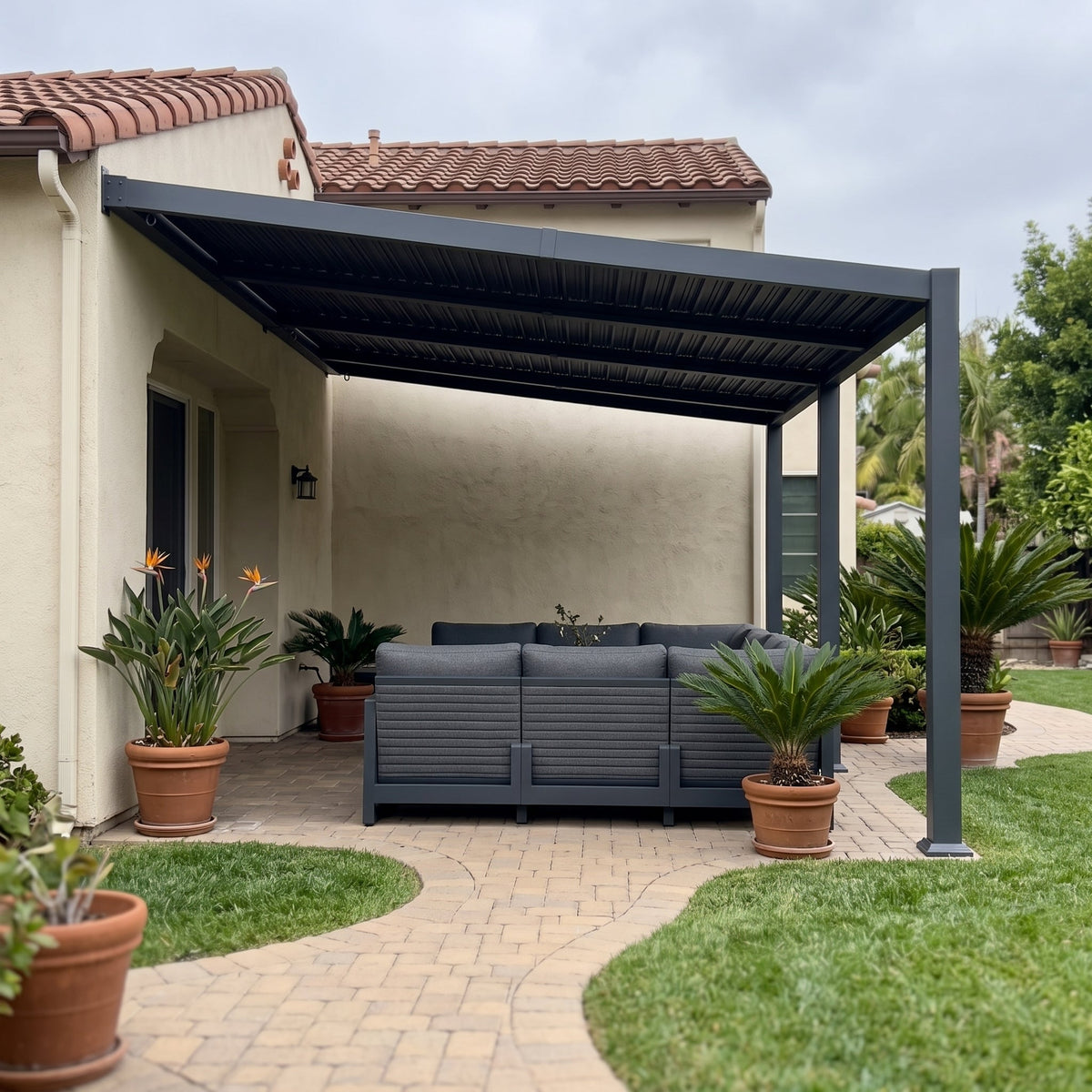 PURPLE LEAF Caesar Wall Mounted Louvered Pergola with LED String Lights, All-Aluminum Patio Cover with Adjustable Roof, Hidden Gutter Drainage, Lean-to Pergola for Deck, Backyard, Porch, Dark Gray