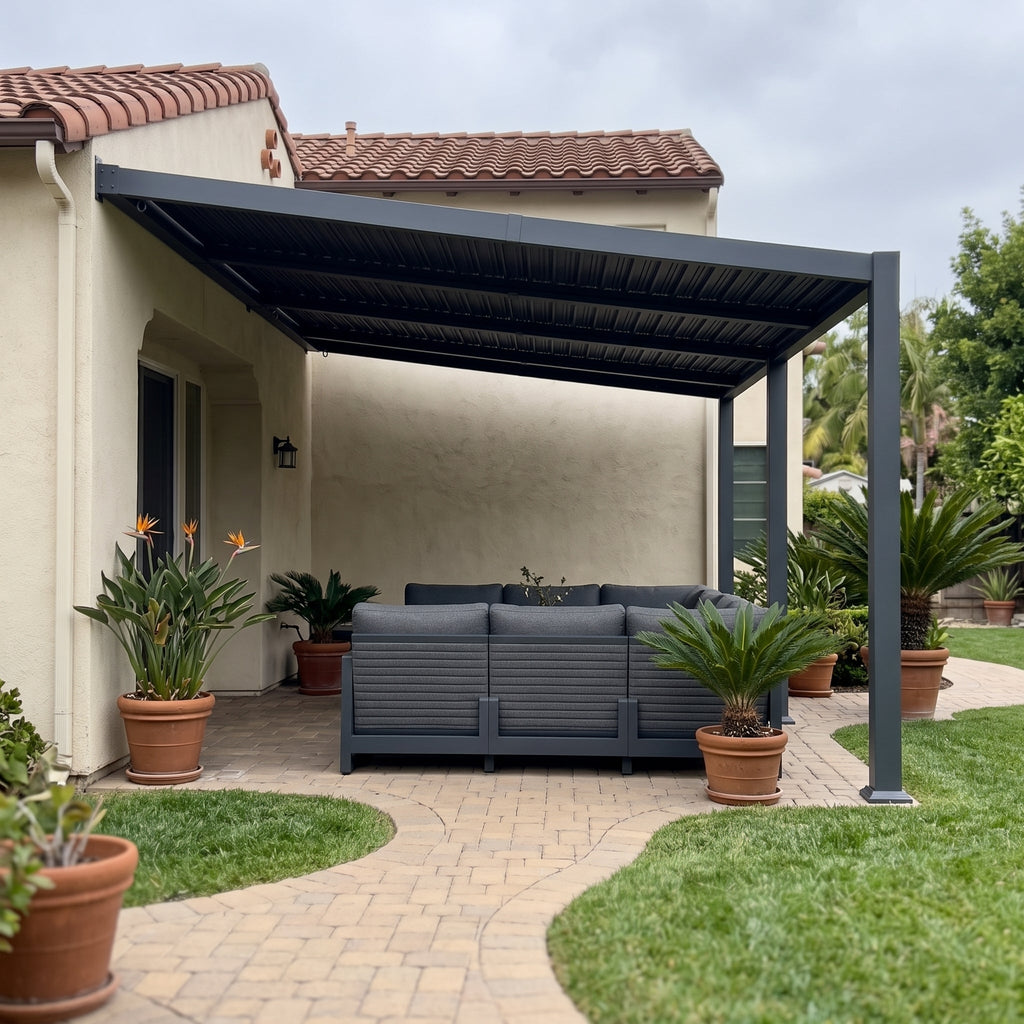PURPLE LEAF Caesar Wall Mounted Louvered Pergola, All-Aluminum Patio Cover with Adjustable Roof, Hidden Gutter Drainage, Lean-to Pergola for Deck, Backyard, Porch, Dark Gray