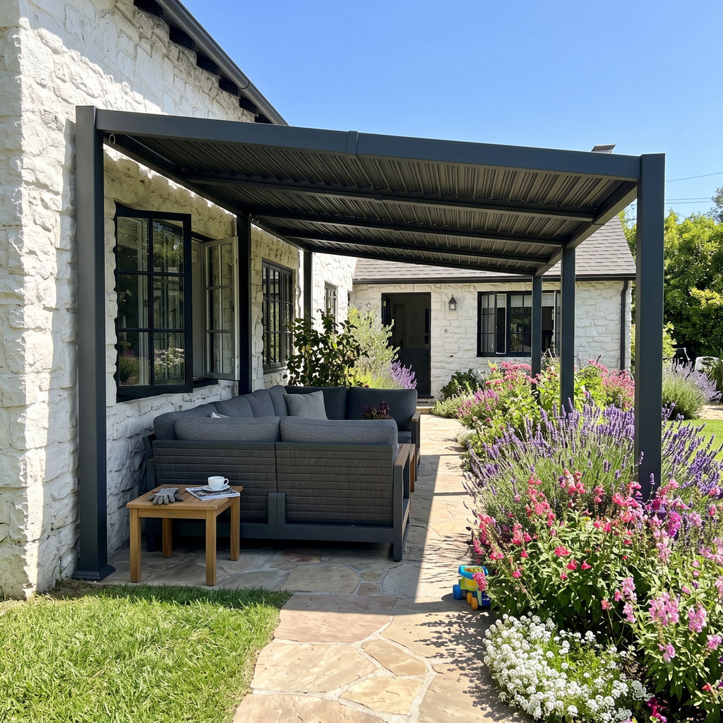 PURPLE LEAF Caesar Hardtop Louvered Pergola with LED String Lights, Slanted Roof Outdoor Aluminum Pergola with Adjustable Rainproof Louvers,Freestanding Patio Gazebo for Backyard Deck, Gray