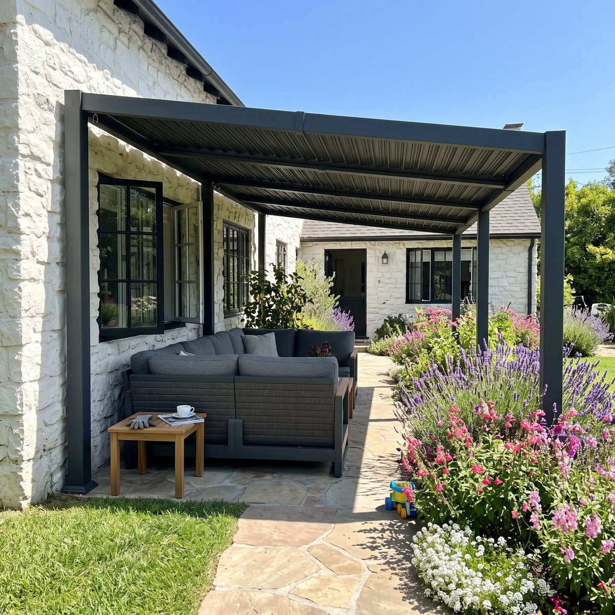 PURPLE LEAF Caesar Hardtop Louvered Pergola, Slanted Roof Outdoor Aluminum Patio Pergola with Adjustable Rainproof Roof, Heavy-Duty Lean to Gazebo for Patios Backyard Deck, Gray