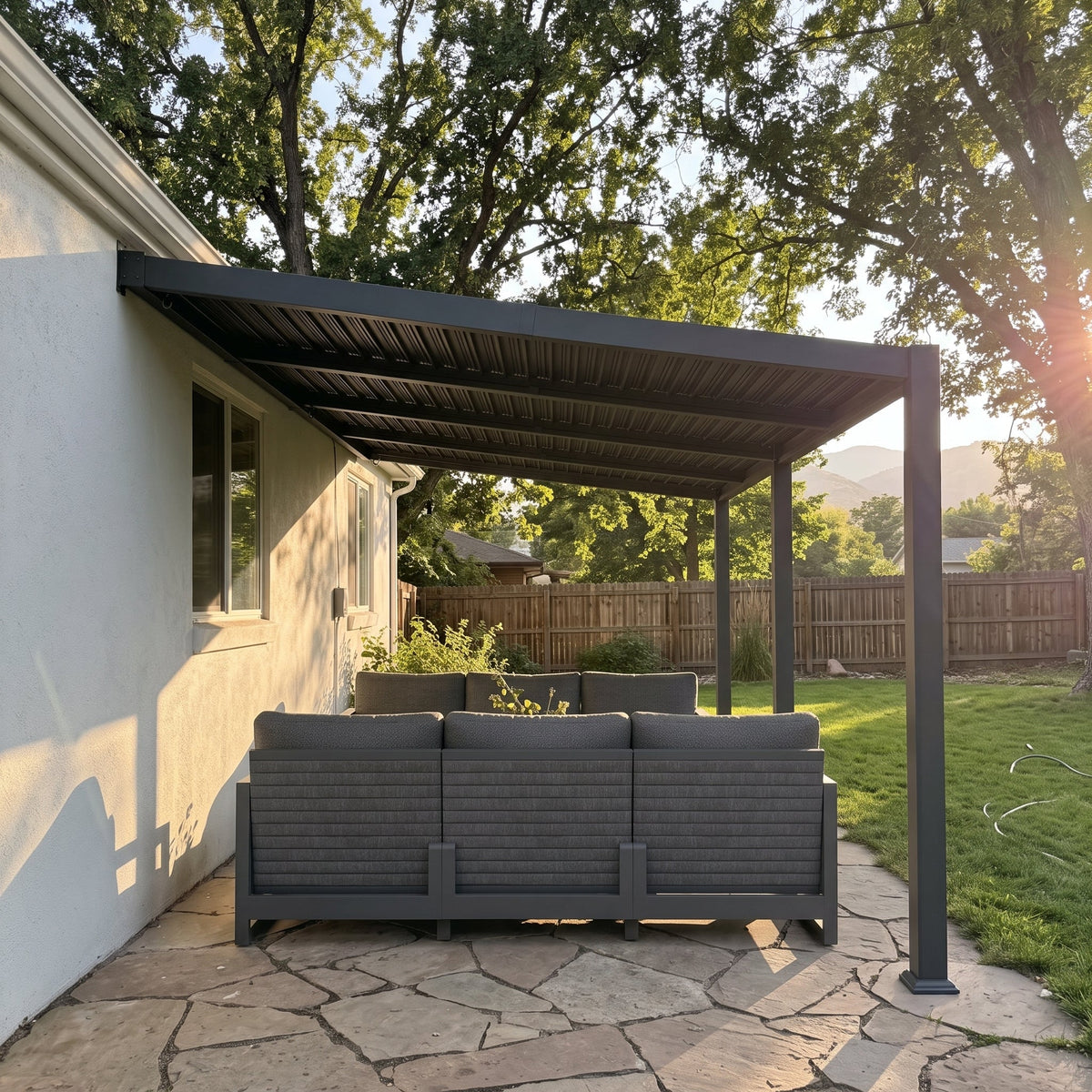 PURPLE LEAF Caesar Wall Mounted Louvered Pergola with LED String Lights, All-Aluminum Patio Cover with Adjustable Roof, Hidden Gutter Drainage, Lean-to Pergola for Deck, Backyard, Porch, Dark Gray