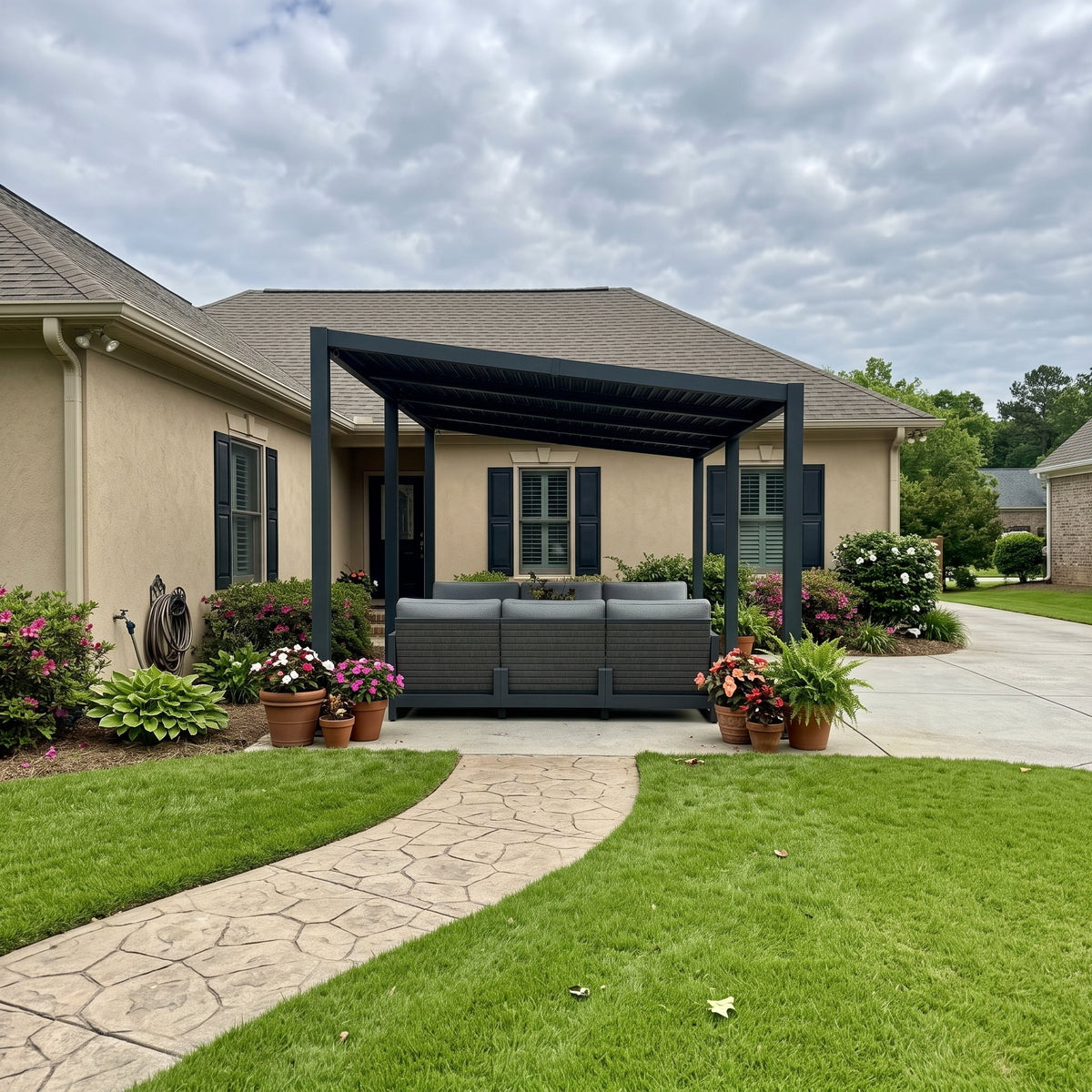 PURPLE LEAF Caesar Hardtop Louvered Pergola, Slanted Roof Outdoor Aluminum Patio Pergola with Adjustable Rainproof Roof, Heavy-Duty Lean to Gazebo for Patios Backyard Deck, Gray
