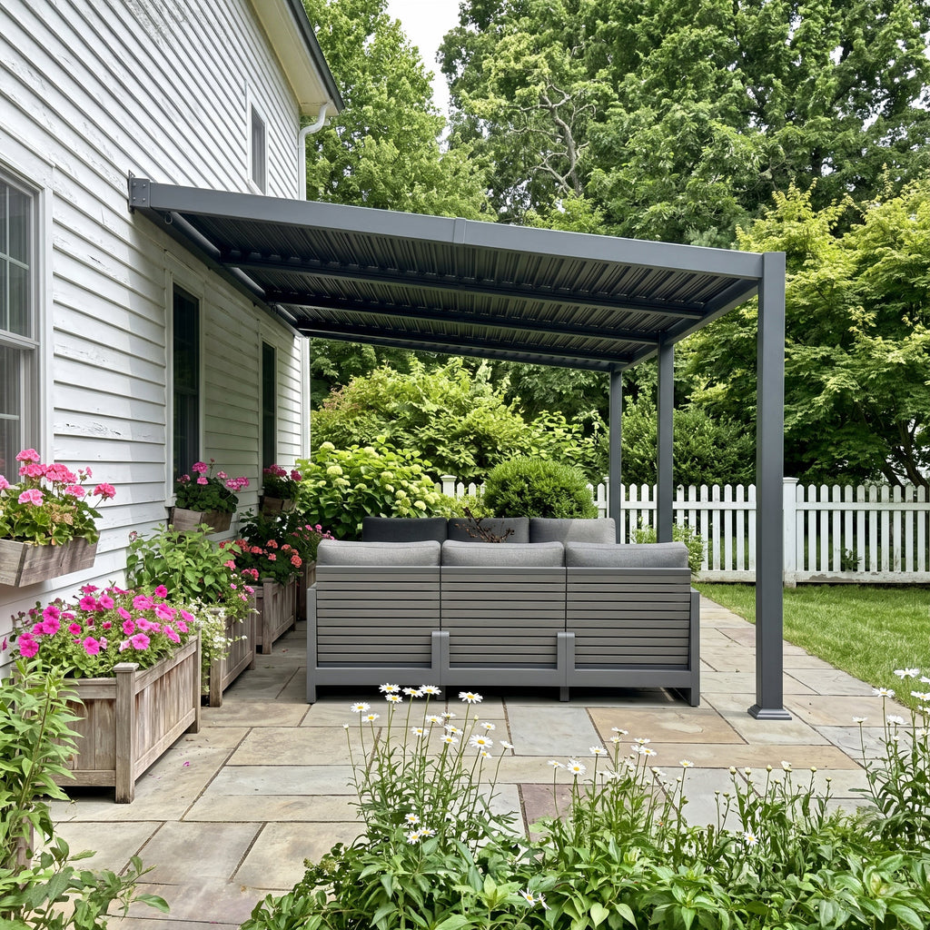 PURPLE LEAF Caesar Wall Mounted Louvered Pergola with LED String Lights, All-Aluminum Patio Cover with Adjustable Roof, Hidden Gutter Drainage, Lean-to Pergola for Deck, Backyard, Porch, Dark Gray
