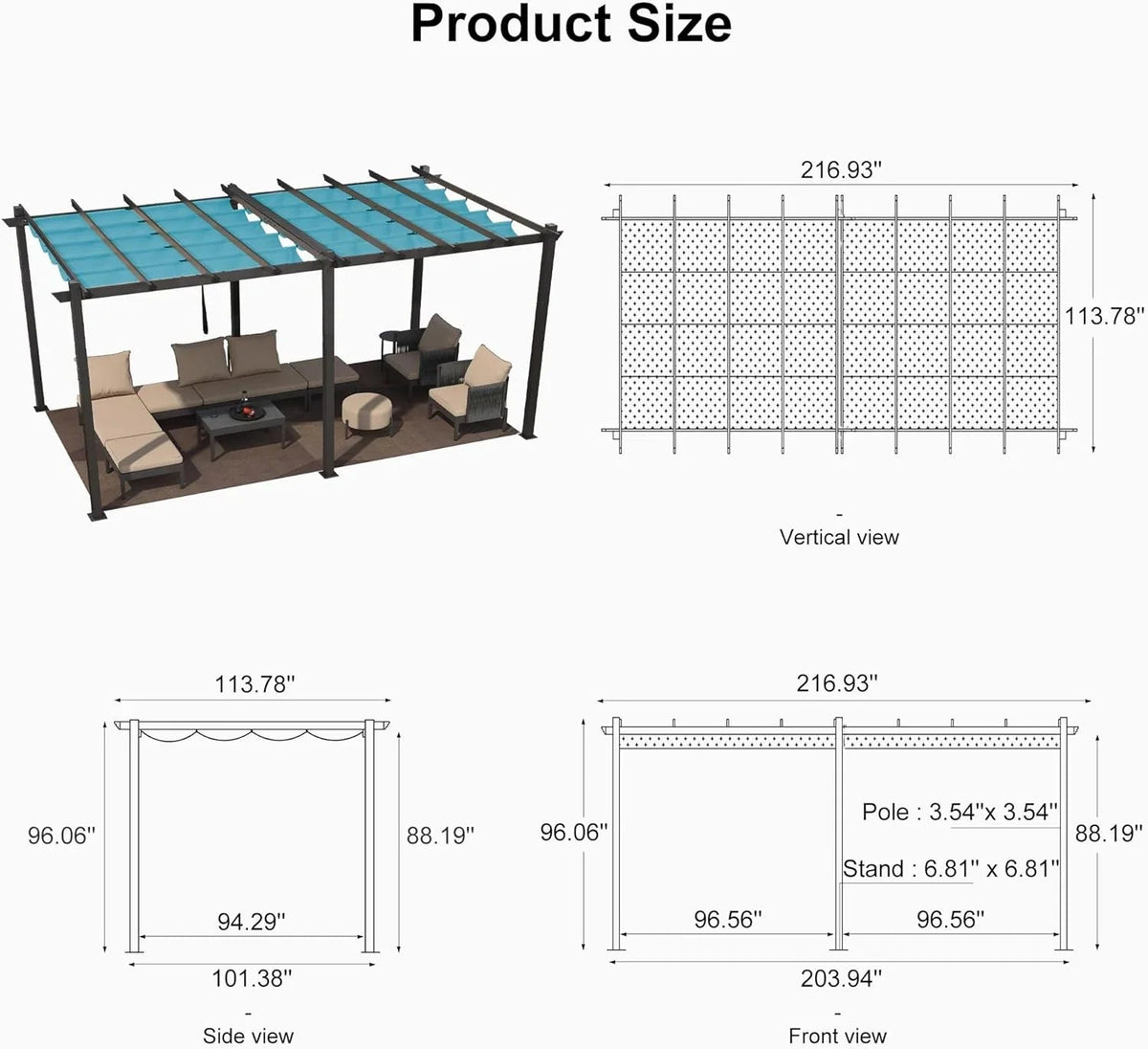 PURPLE LEAF Outdoor Pergola with Retractable Canopy Aluminum Shelter for Beach Porch Garden  Shade Pavilion Pergola  with Curtains