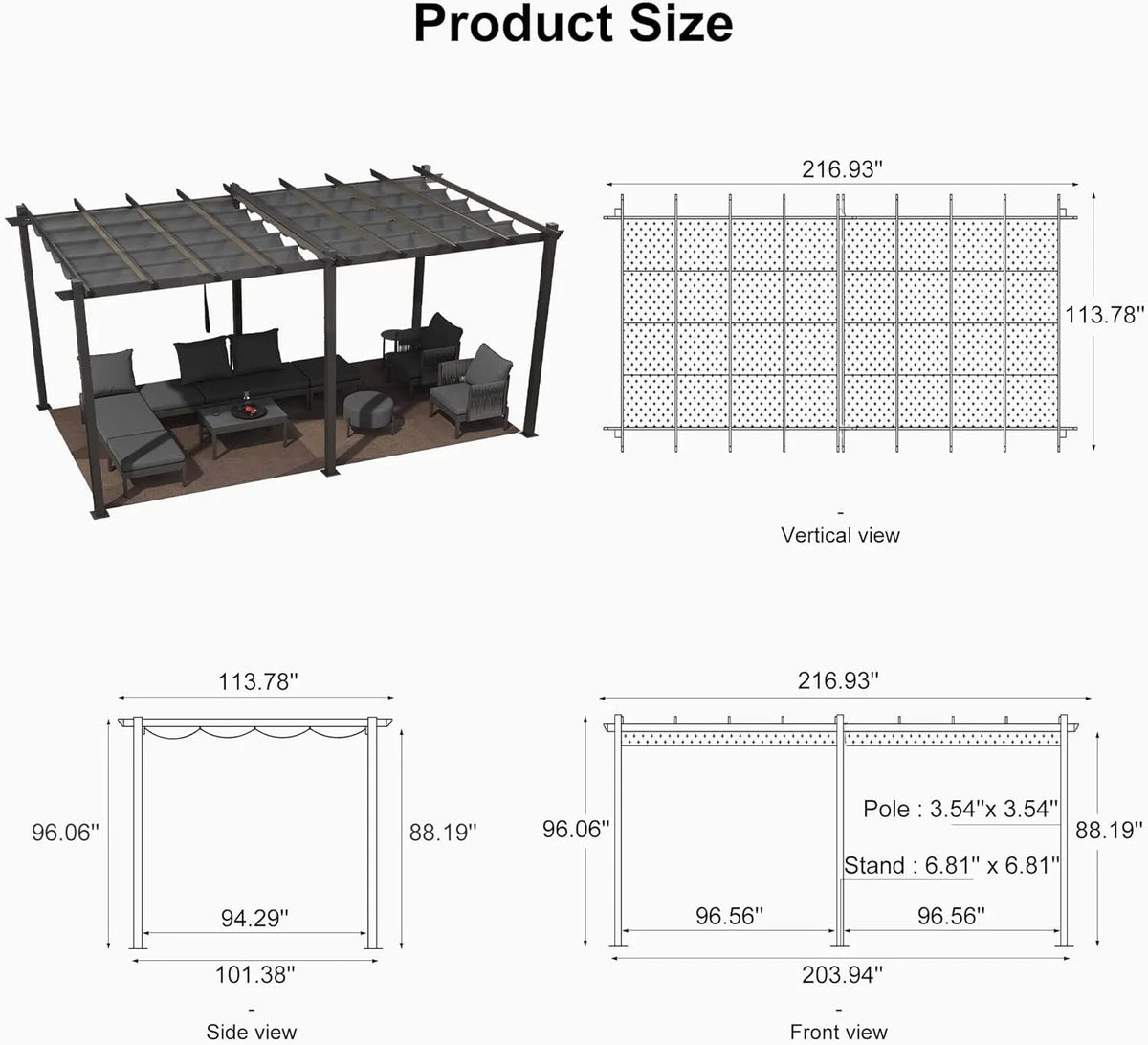 PURPLE LEAF Outdoor Pergola with Retractable Canopy Aluminum Shelter for Beach Porch Garden  Shade Pavilion Pergola  with Curtains
