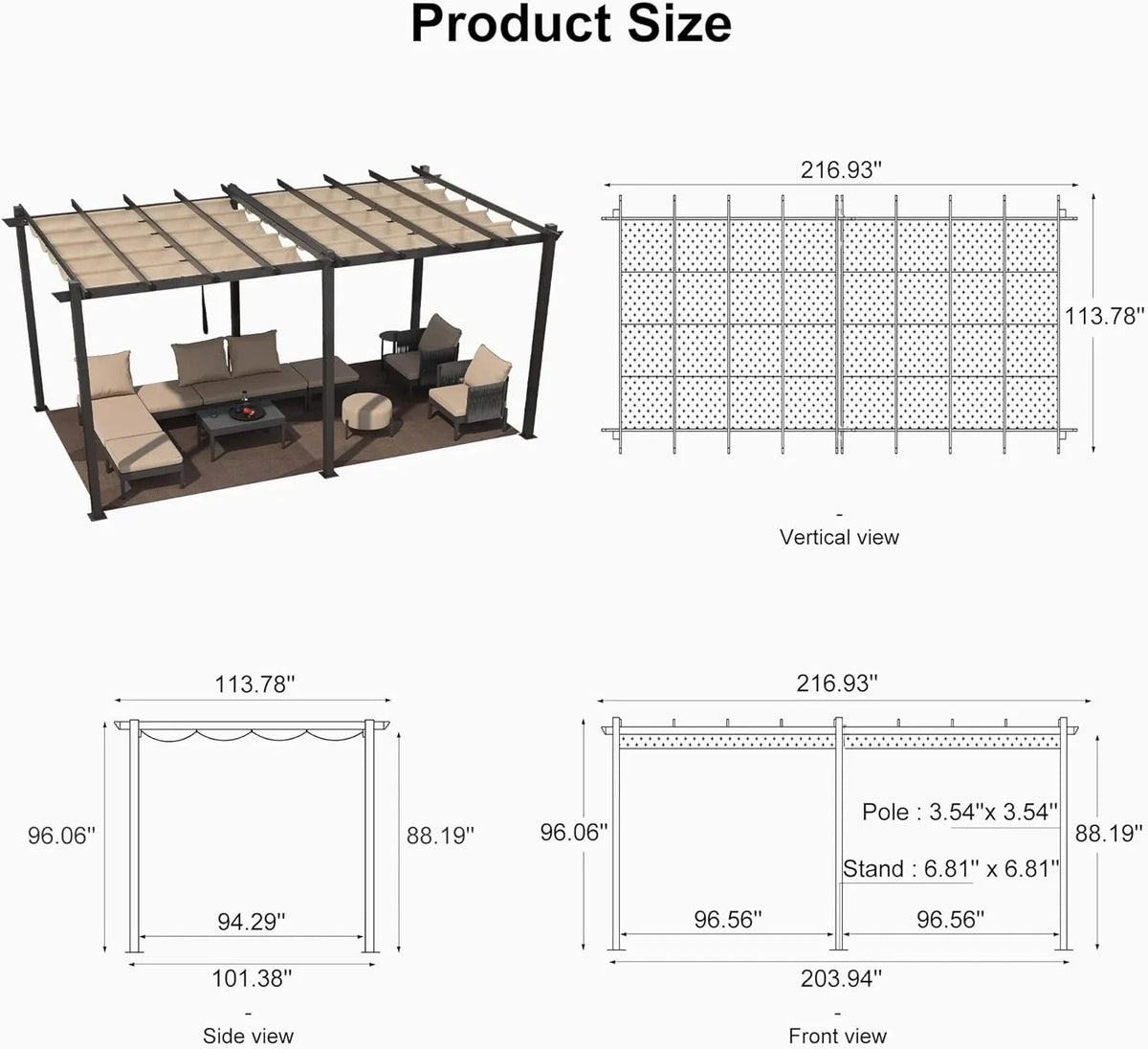 PURPLE LEAF Outdoor Pergola with Retractable Canopy Aluminum Shelter for Beach Porch Garden  Shade Pavilion Pergola  with Curtains