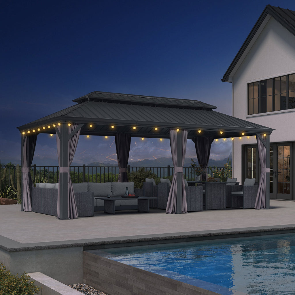 PURPLE LEAF Patio Gazebo for Backyard Grey Hardtop Galvanized Steel Roof Awning with String Lights-clear