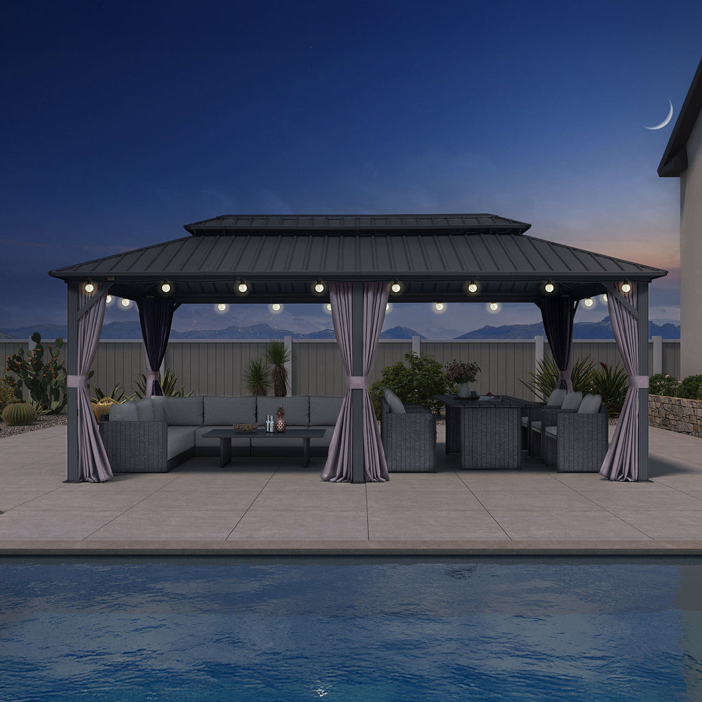 PURPLE LEAF Grey Hardtop Gazebo with Heavy Duty Galvanized Steel Double Roof with String Lights-clear
