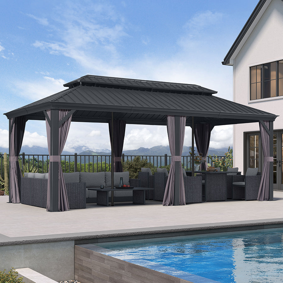 PURPLE LEAF Patio Gazebo for Backyard Grey Hardtop Galvanized Steel Roof Awning with Reinforcement Support Rod