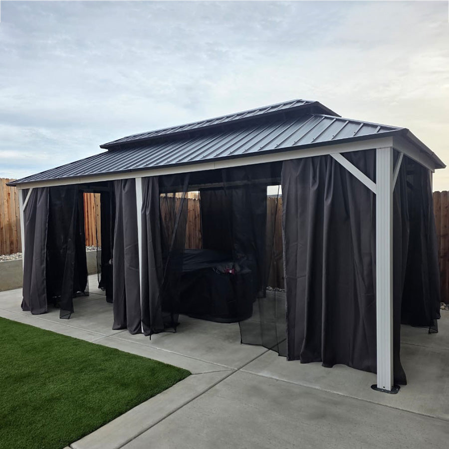 PURPLE LEAF Modern Gazebo Grey Hardtop Galvanized Steel Double Roof White Aluminum Poles with Curtains and Netting