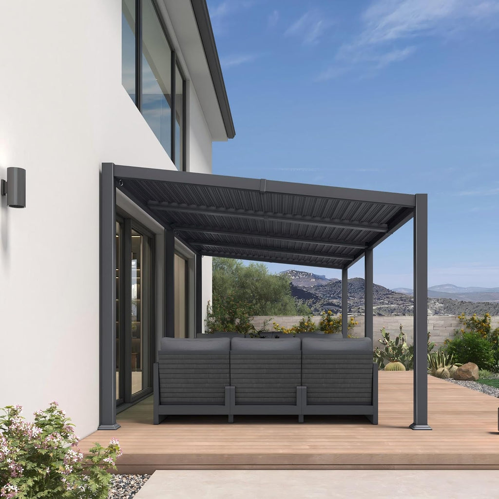 PURPLE LEAF Caesar Hardtop Louvered Pergola with LED String Lights, Slanted Roof Outdoor Aluminum Pergola with Adjustable Rainproof Louvers,Freestanding Patio Gazebo for Backyard Deck, Gray