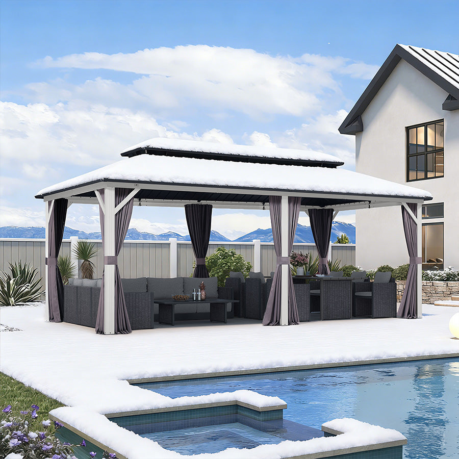 PURPLE LEAF Modern Gazebo Grey Hardtop Galvanized Steel Double Roof White Aluminum Poles with Curtains and Netting