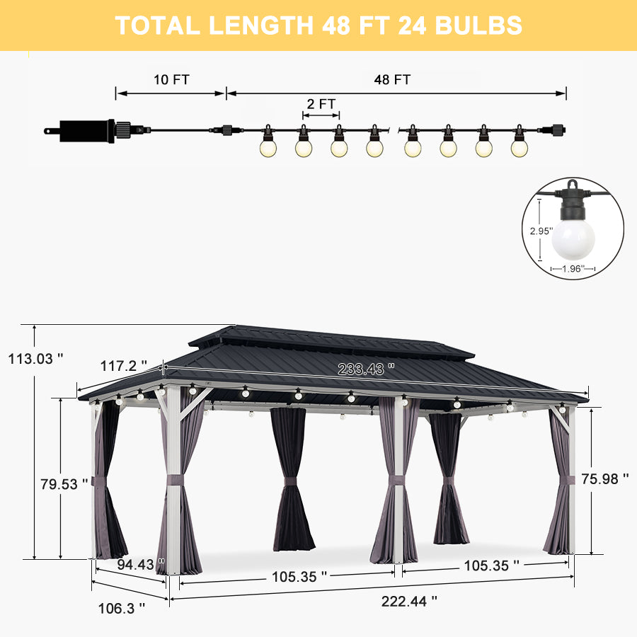 PURPLE LEAF Modern Gazebo Grey Hardtop Galvanized Steel Double Roof White Aluminum Poles with Curtains and Netting with Lights-milky