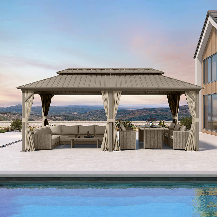 PURPLE LEAF Deck Gazebo Champagne Hardtop Metal Frame Double Roof with Curtains and Netting