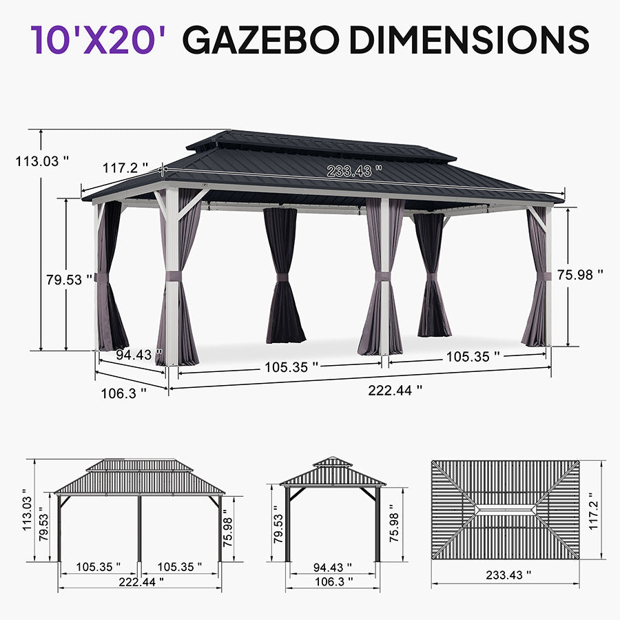 PURPLE LEAF Modern Gazebo Grey Hardtop Galvanized Steel Double Roof White Aluminum Poles with Curtains and Netting