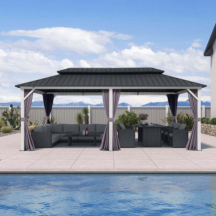 PURPLE LEAF Modern Gazebo Grey Hardtop Galvanized Steel Double Roof White Aluminum Poles with Curtains and Netting