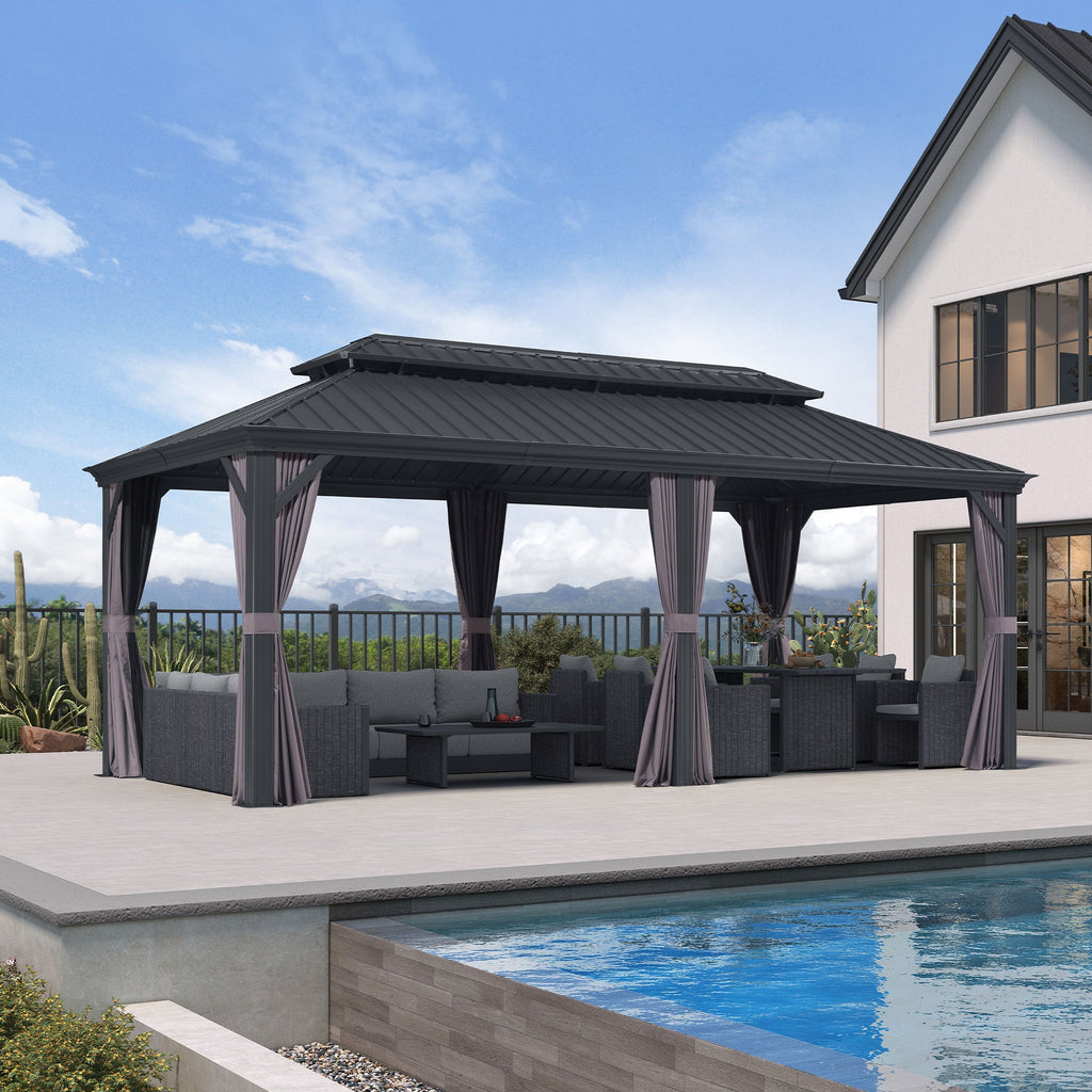 PURPLE LEAF Patio Gazebo for Backyard Grey Hardtop Galvanized Steel Roof Awning with Upgrade Curtain