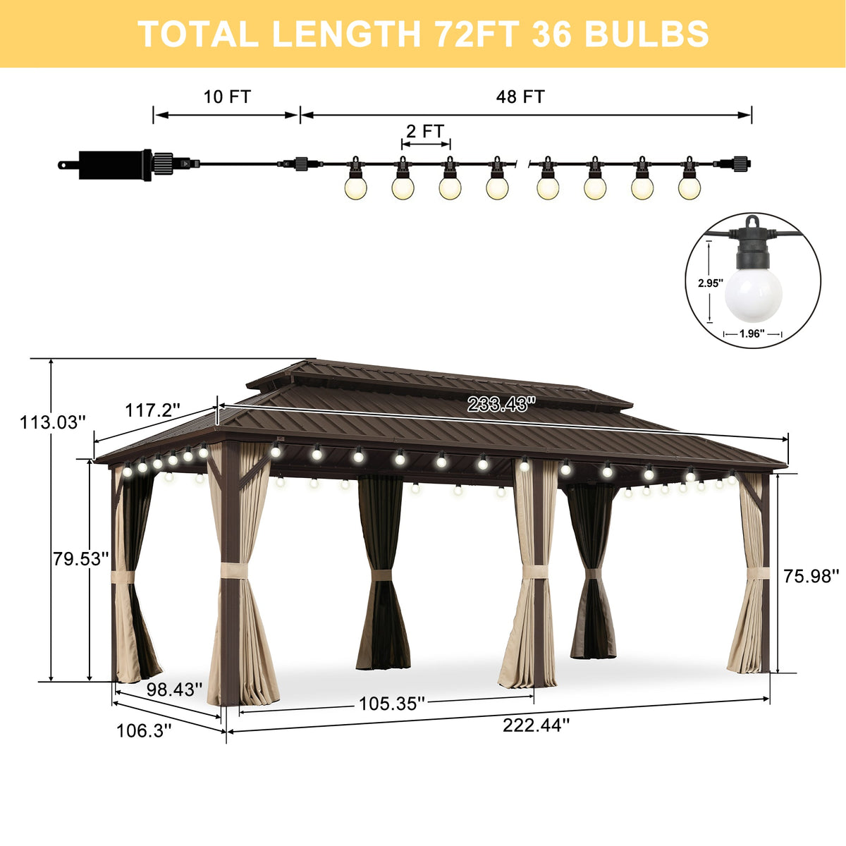 PURPLE LEAF Hardtop Gazebo Featuring Galvanized Steel Double Roof and Bronze Aluminum Frame with Curtains and Netting for Backyard with Lights-milky