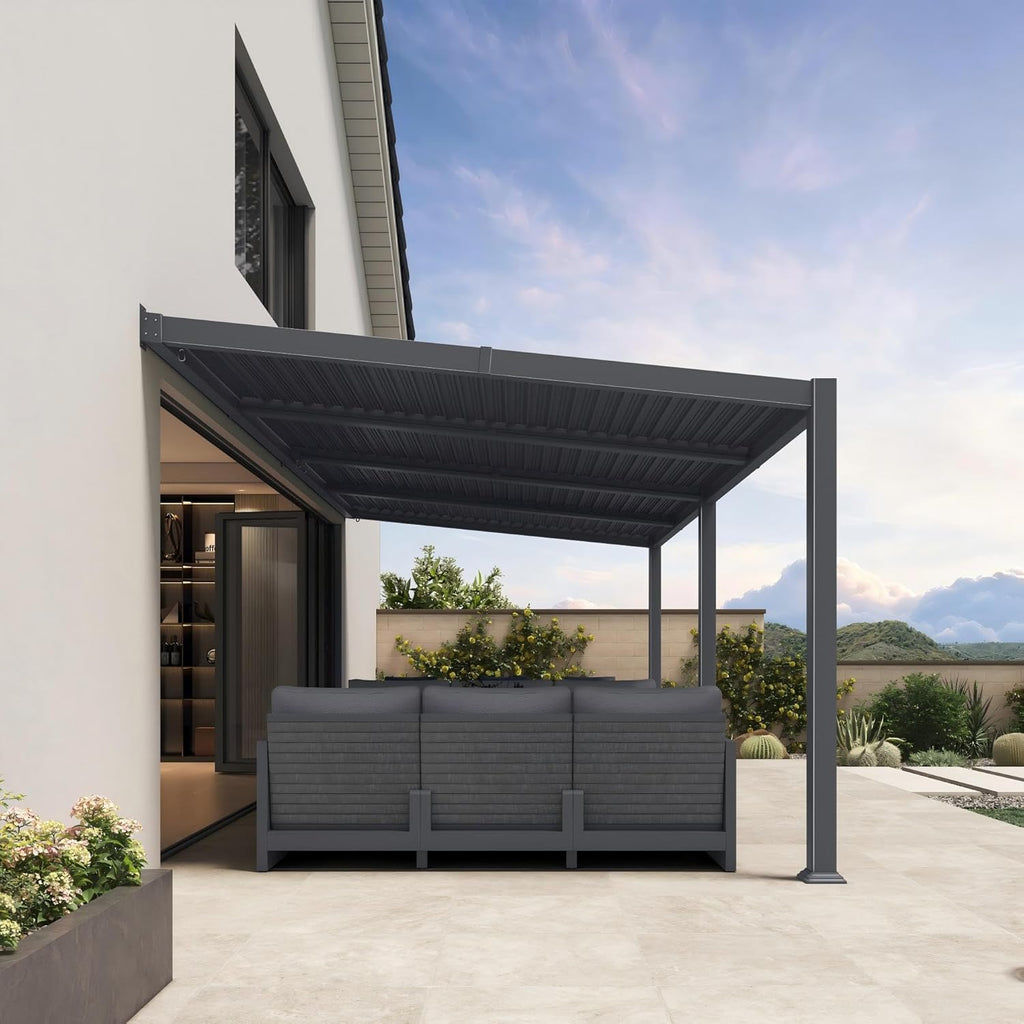 PURPLE LEAF Caesar Wall Mounted Louvered Pergola with LED String Lights, All-Aluminum Patio Cover with Adjustable Roof, Hidden Gutter Drainage, Lean-to Pergola for Deck, Backyard, Porch, Dark Gray