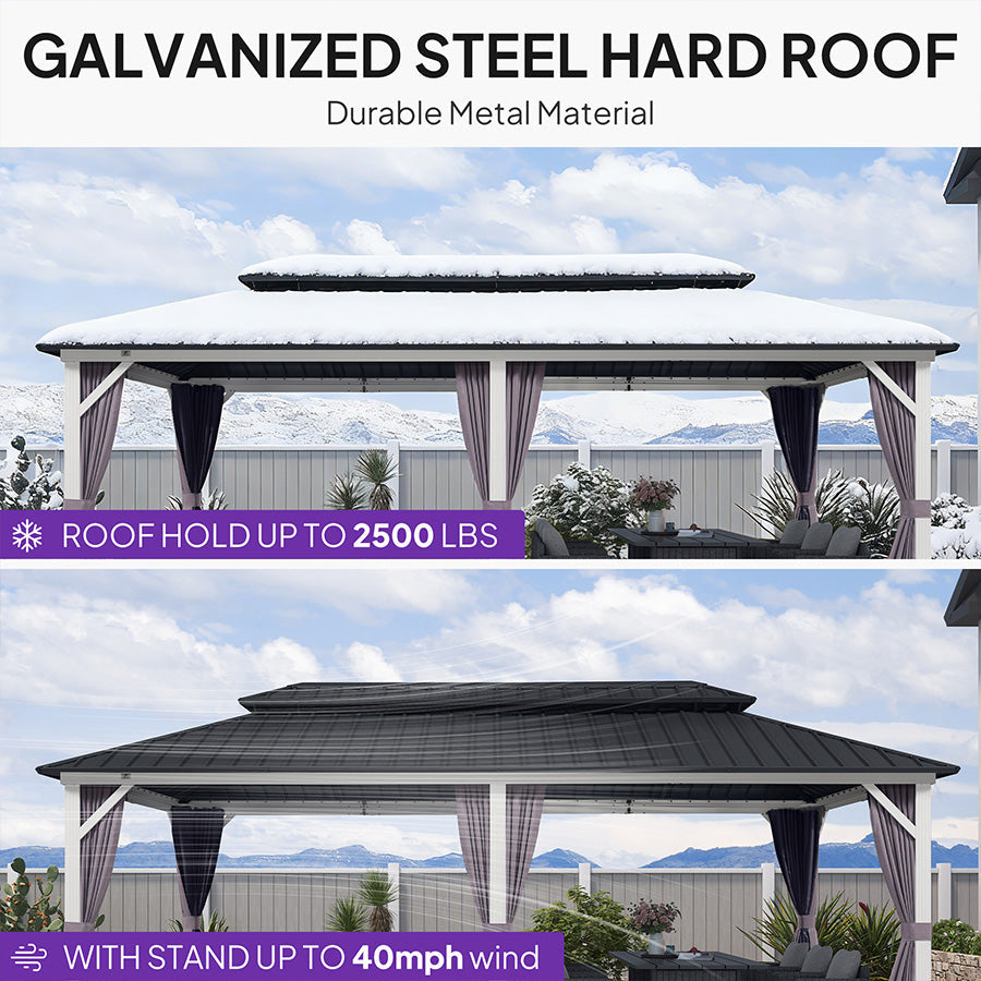 PURPLE LEAF Modern Gazebo Grey Hardtop Galvanized Steel Double Roof White Aluminum Poles with Curtains and Netting