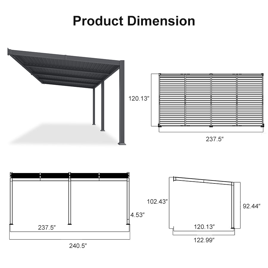 PURPLE LEAF Caesar Wall Mounted Louvered Pergola with LED String Lights, All-Aluminum Patio Cover with Adjustable Roof, Hidden Gutter Drainage, Lean-to Pergola for Deck, Backyard, Porch, Dark Gray