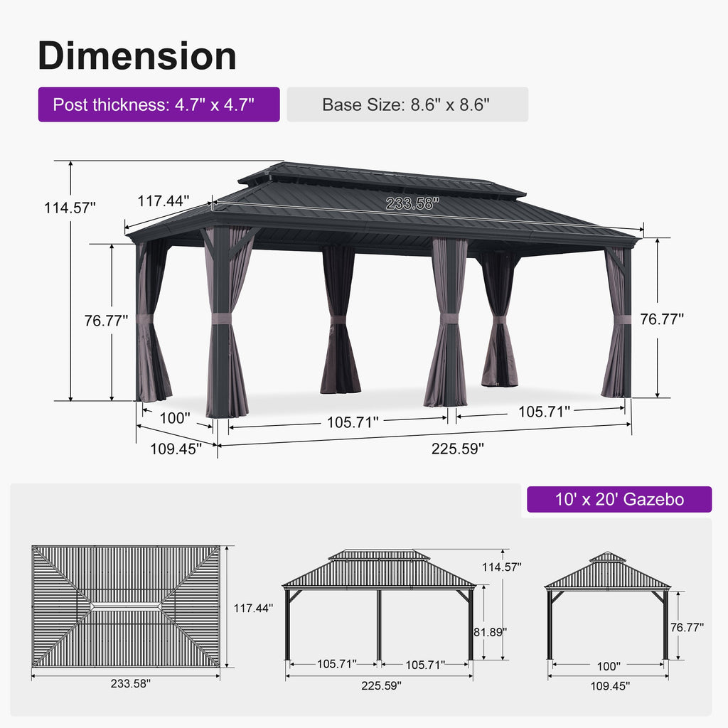 PURPLE LEAF Patio Gazebo for Backyard Grey Hardtop Galvanized Steel Roof Awning with Reinforcement Support Rod