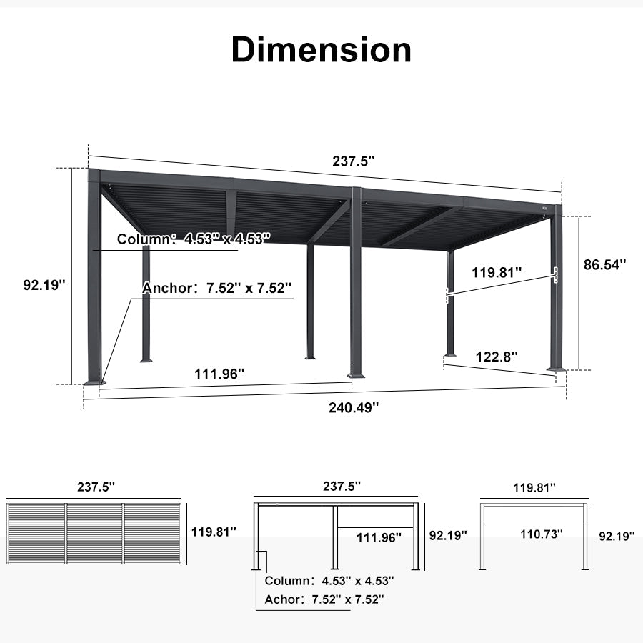 PURPLE LEAF Caesar Outdoor Louvered Pergola Patio Sun Shade Shelter with Adjustable Hardtop Patio Pergola Grey