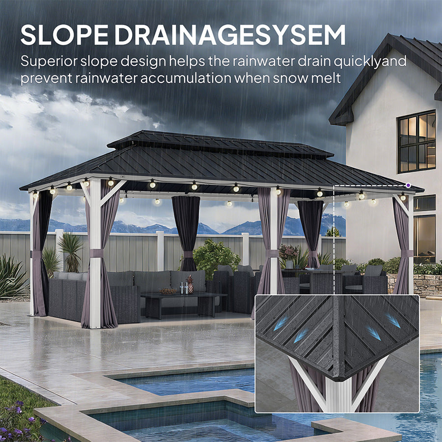 PURPLE LEAF Modern Gazebo Grey Hardtop Galvanized Steel Double Roof White Aluminum Poles with Curtains and Netting